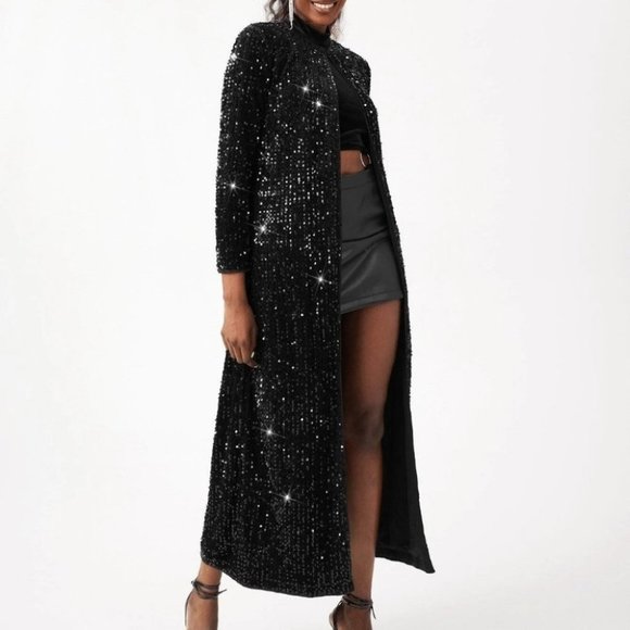 . Jackets & Blazers - Preppy Womens black Open front Sequin Coat